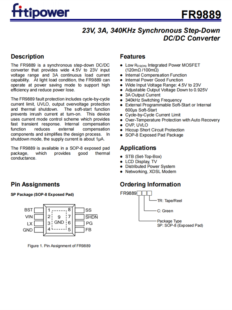 FR9889SPCTR SOP-8 23V、3A、340KHz衕步降壓DC/DC轉(zhuǎn)換器