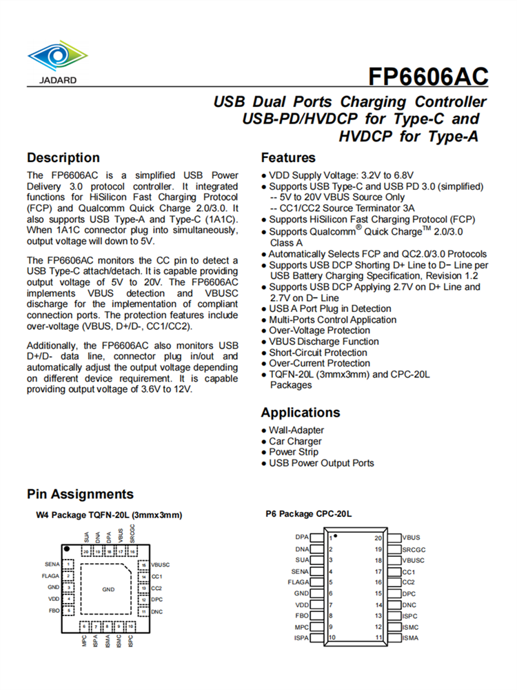FP6606AC USB-PD 3.0協(xié)議控制器 支持USB Type-A、USB Type-C 快速充電協(xié)議IC芯片