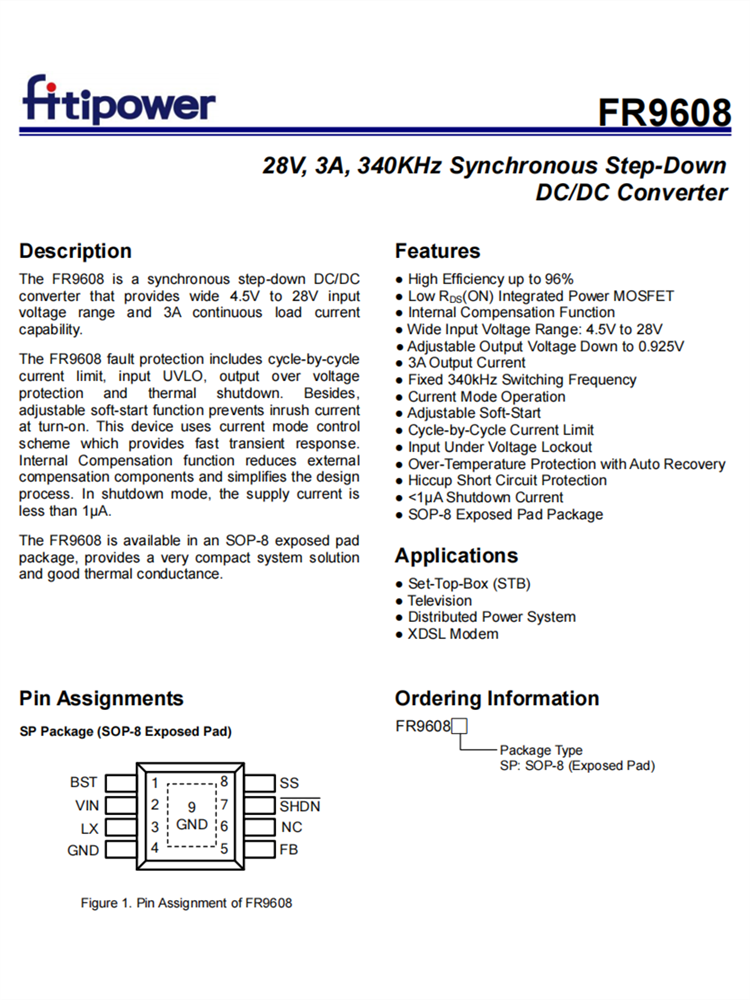 FR9608 SOP8 3A衕步降壓芯片 DC-DC轉(zhuǎn)換器 百盛電子代理商