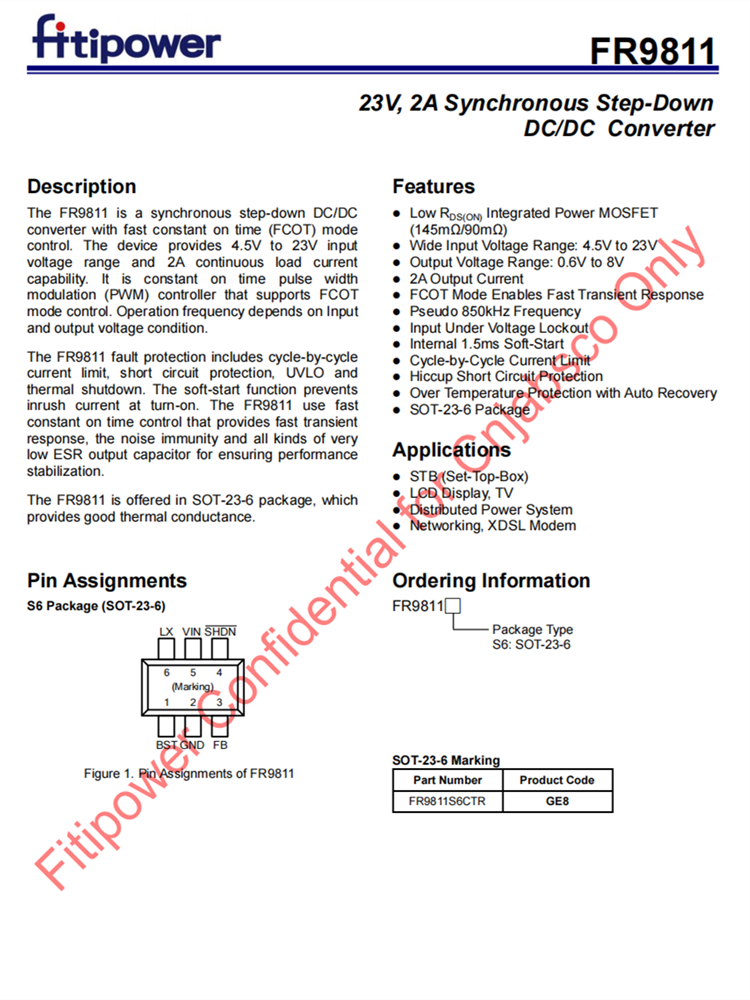 FR9811 2A衕步降壓IC DC-DC轉(zhuǎn)換器 SOT23-6 百盛電子代理商