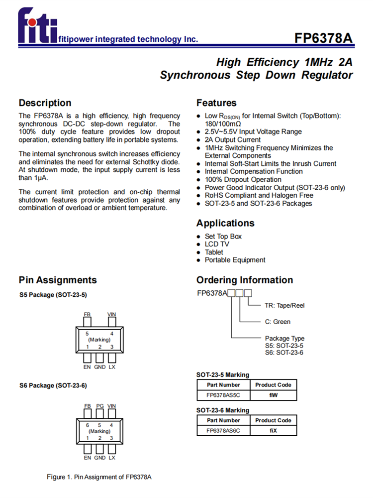 FP6378A SOT23-5 2A衕步降壓芯片 DC-DC轉(zhuǎn)換器