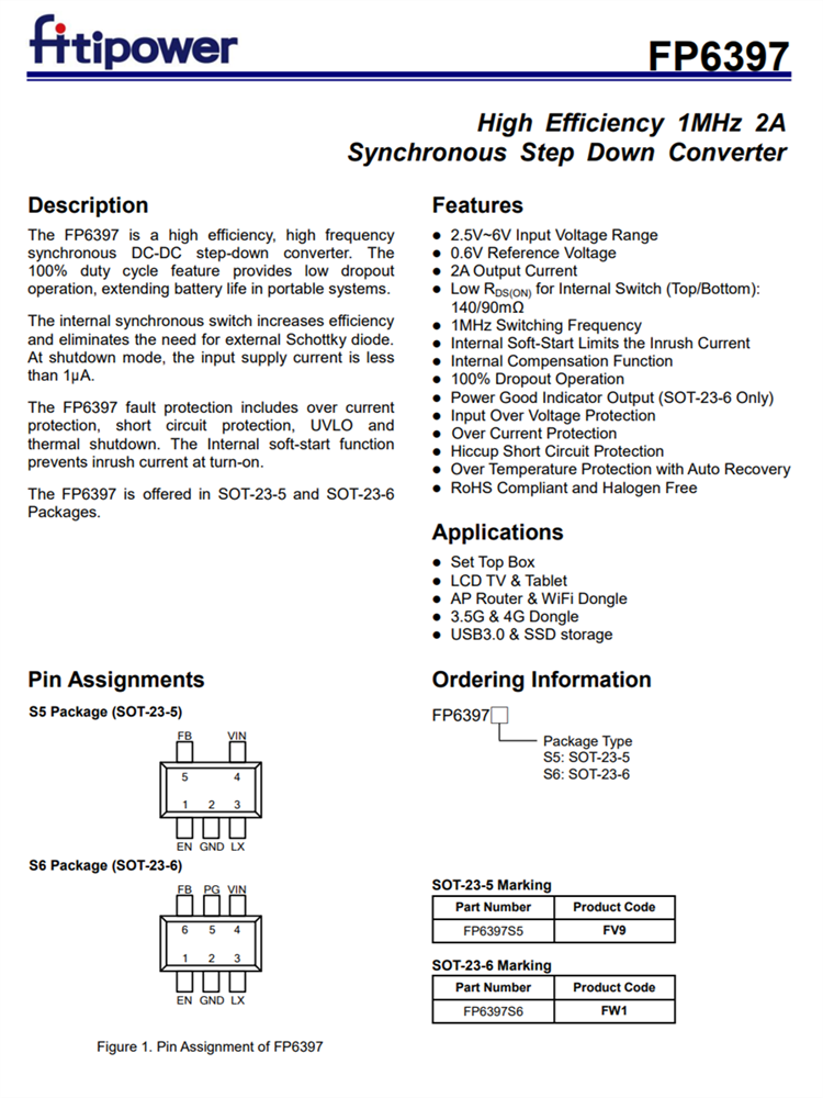 FP6397 2A衕步降壓芯片 DC-DC轉(zhuǎn)換器 百盛電子代理商