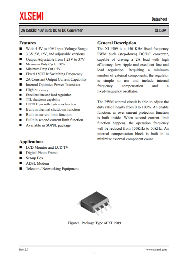 XL1509-ADJE1  2A 150KHz 40V 降壓 DC-DC 轉(zhuǎn)換器