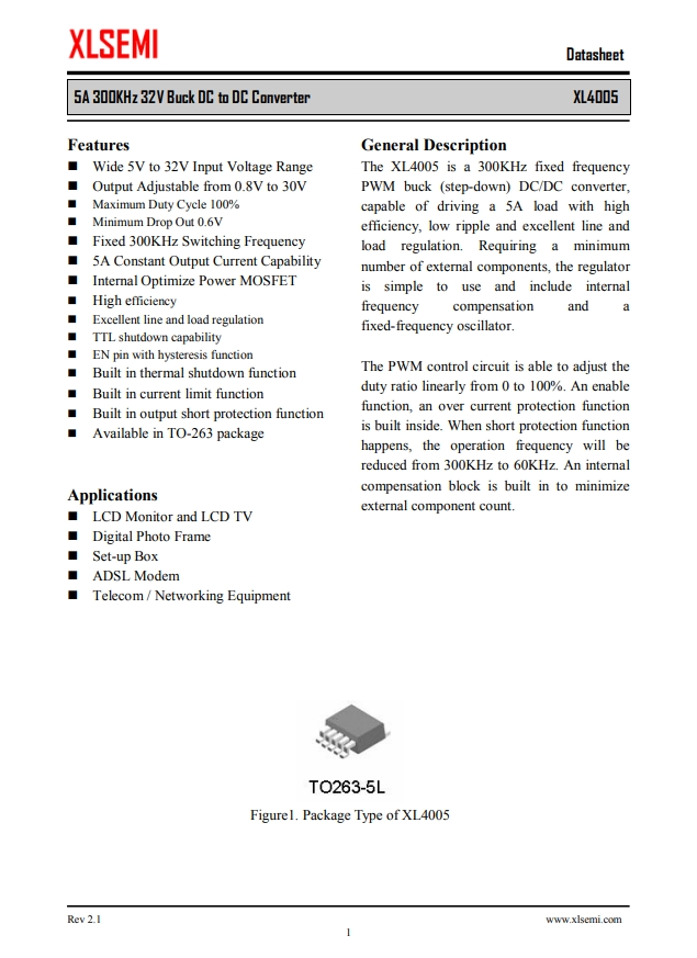 XL4005E1  5A 300KHz 32V 降壓DC-DC轉(zhuǎn)換器