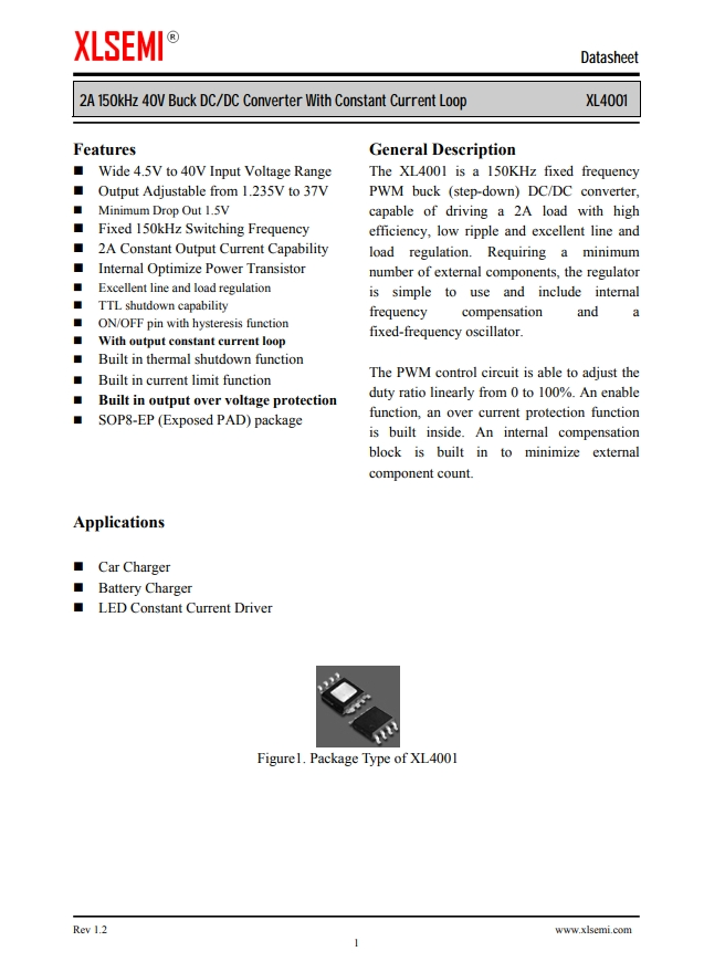 XL4001E1  2A 150kHz 40V 降壓DC/DC轉換器，帶恆流環(huán)路