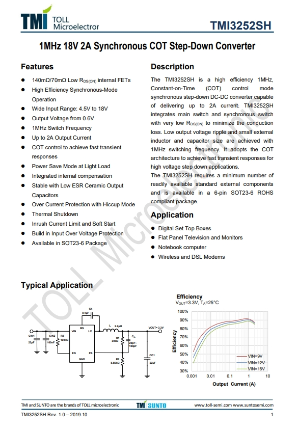 TMI3252SH  1MHz 18V 2A衕步COT降壓型轉(zhuǎn)換器 
