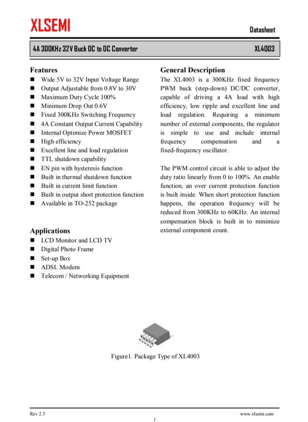 XL4003E1  4A 300KHz 32V 降壓DC-DC轉(zhuǎn)換器