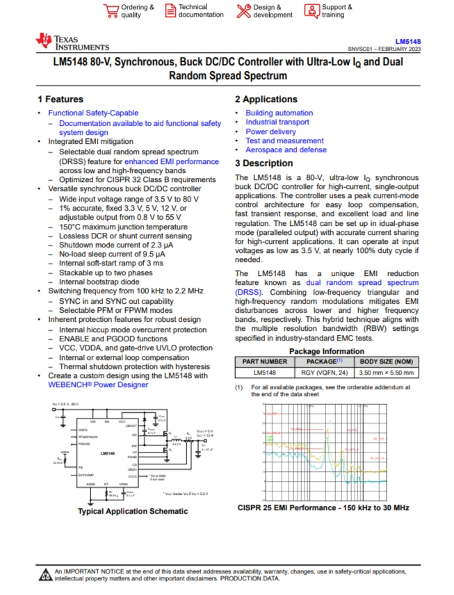 LM5148RGYR   3.5V 至 80V、電流模式衕步降壓控製器