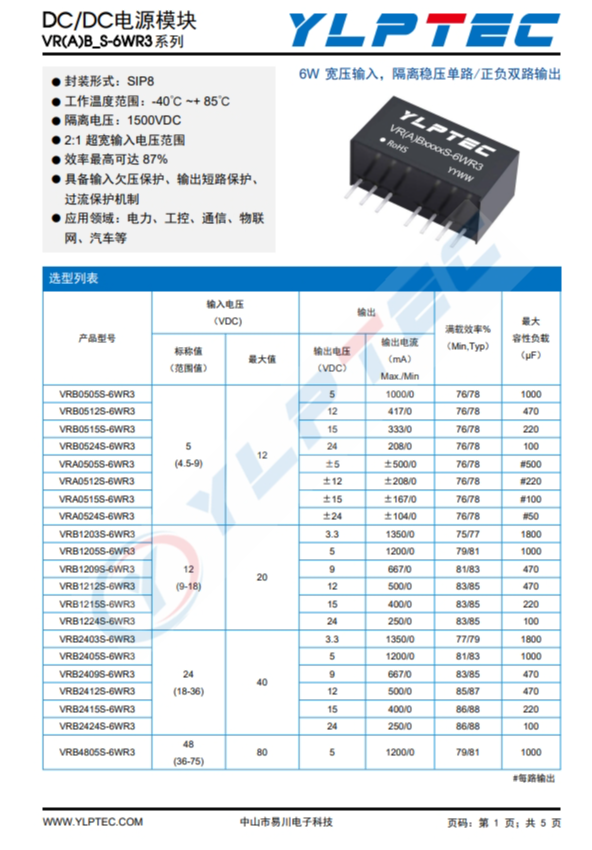 VRB1212S-6WR3  輸入電壓9V~18V 輸出電壓12V輸出功率6W500mA 