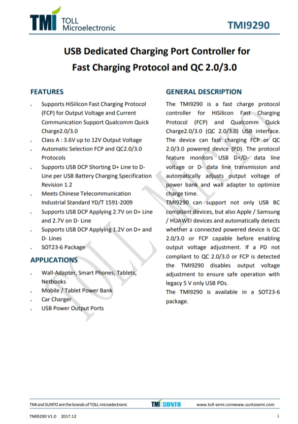 TMI9290   USB專用充電端口控制器 快速充電協(xié)議和 QC 2.0/3。