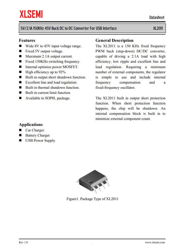 XL2011E1  5V / 2.1A 150KHz 45V降壓DC至DC轉(zhuǎn)換器，用於USB接口