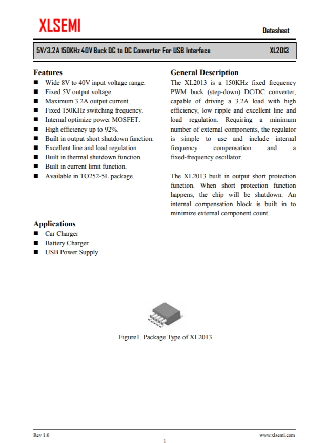 XL2013E1  5V / 3.2A 150KHz 40V降壓DC至DC轉(zhuǎn)換器，用於USB接口