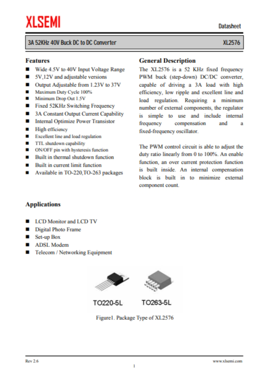 XL2576S-5.0E1  3A 52KHz 40V 降壓 DC-DC 轉(zhuǎn)換器