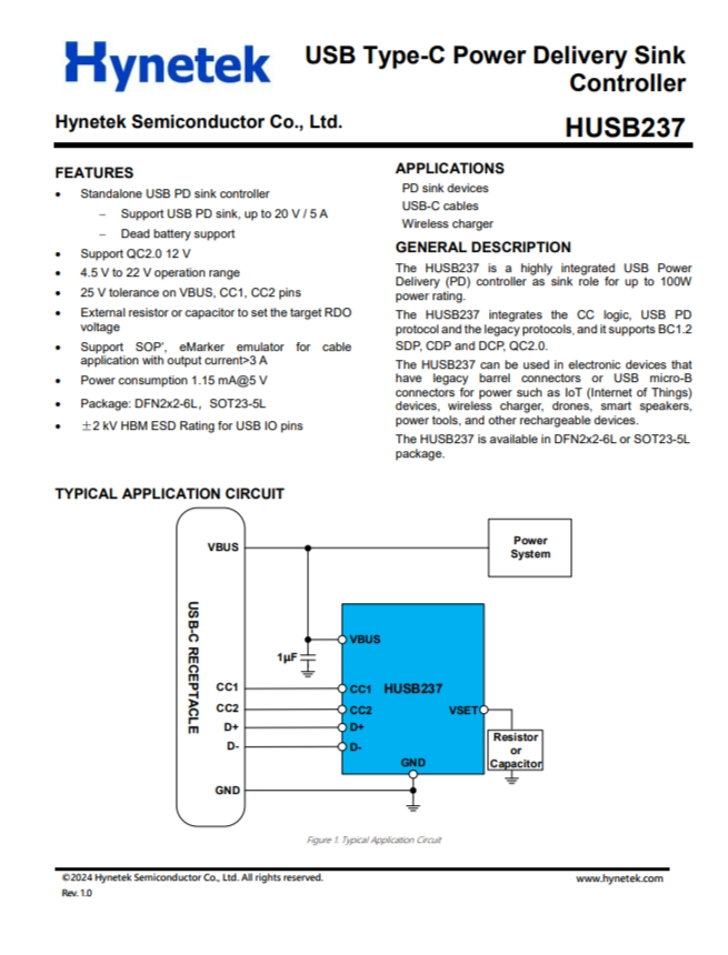 HUSB237  USB Type-C 供電接收器 控製器