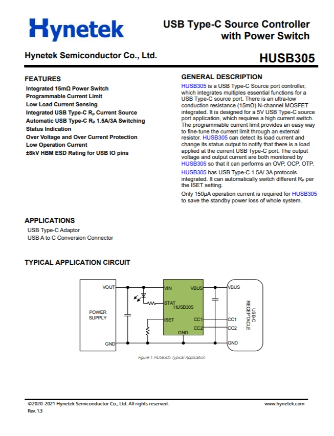 HUSB305  USB Type-C 源控製器 帶電源開關(guān)