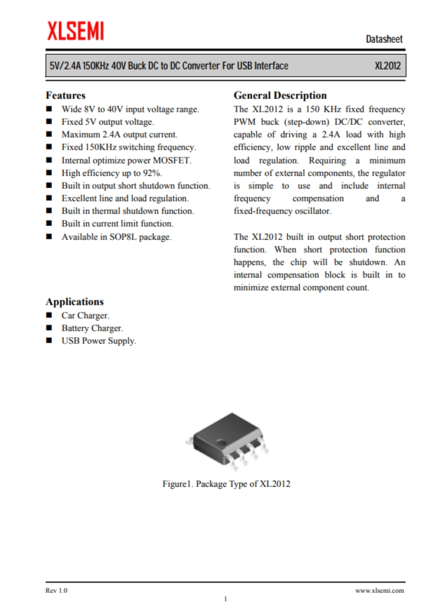 XL2012E1  5V / 2.4A 150KHz 40V降壓DC至DC轉(zhuǎn)換器，用於USB接口