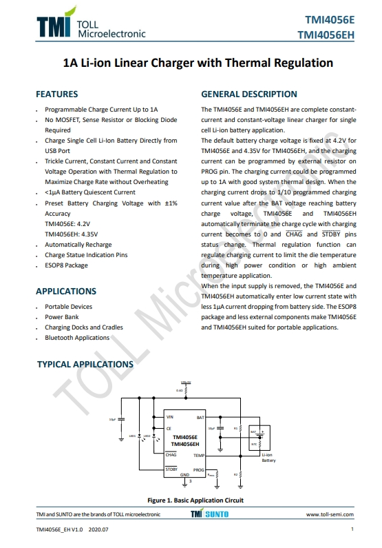 TMI4056E   1A 鋰離子線性充電器，帶熱調(diào)節(jié)功能