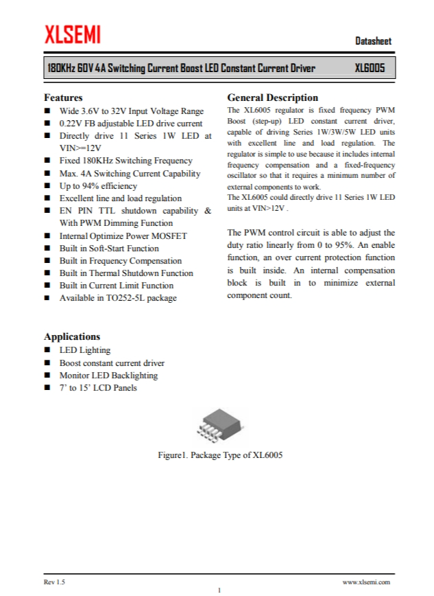 XL6005E1   180KHz 60V 4A 開(kāi)關(guān)電流升壓 LED 恒流驅(qū)動(dòng)器