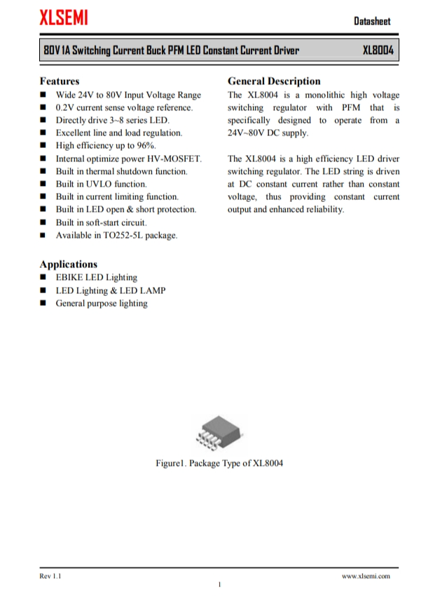 XL8004E1  80V 1A 開關電流降壓 PFM LED 恒流驅動器
