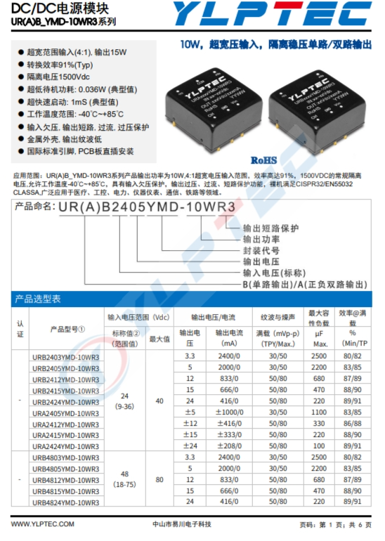 URA2415YMD-10WR3  輸入電壓9V~36V 輸出電壓±15V輸出功率10W±333mA 