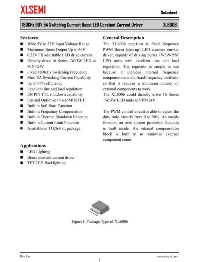 XL6006E1  180KHz 60V 5A 開關(guān)電流升壓 LED 恒流驅(qū)動器
