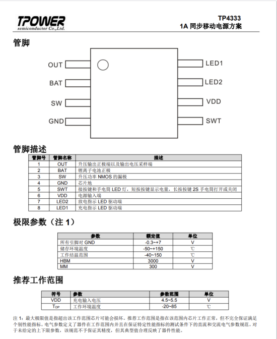 TP4333同步升壓放電效率高達(dá)93%支持涓流模式原裝