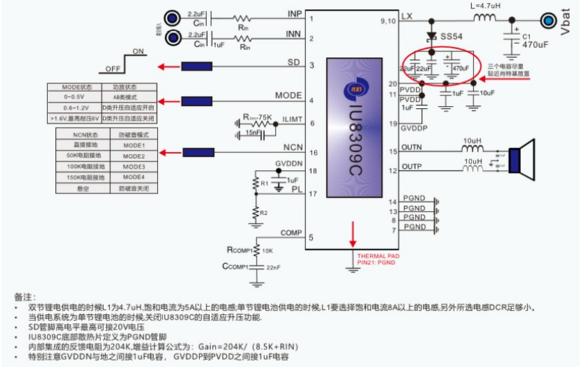 IU8309(單雙節(jié)鋰電內(nèi)置陞壓12V、25單聲道音頻功放IC